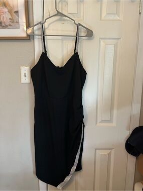 Derek Heart Black Spaghetti Strap Asymmetrical Dress with Silver Accents